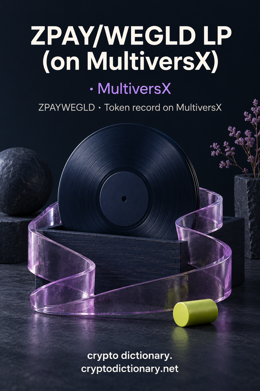 ZPAY/WEGLD LP (on MultiversX) token-registry illustration with a blank record in a wooden crate and lilac glass ribbon.