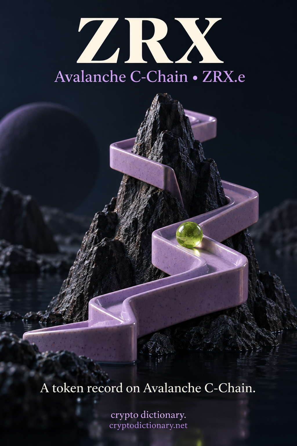 ZRX token registry illustration on Avalanche C-Chain with an original lilac ceramic zigzag ramp, lime glass marble and dark sculptural snow ridge.