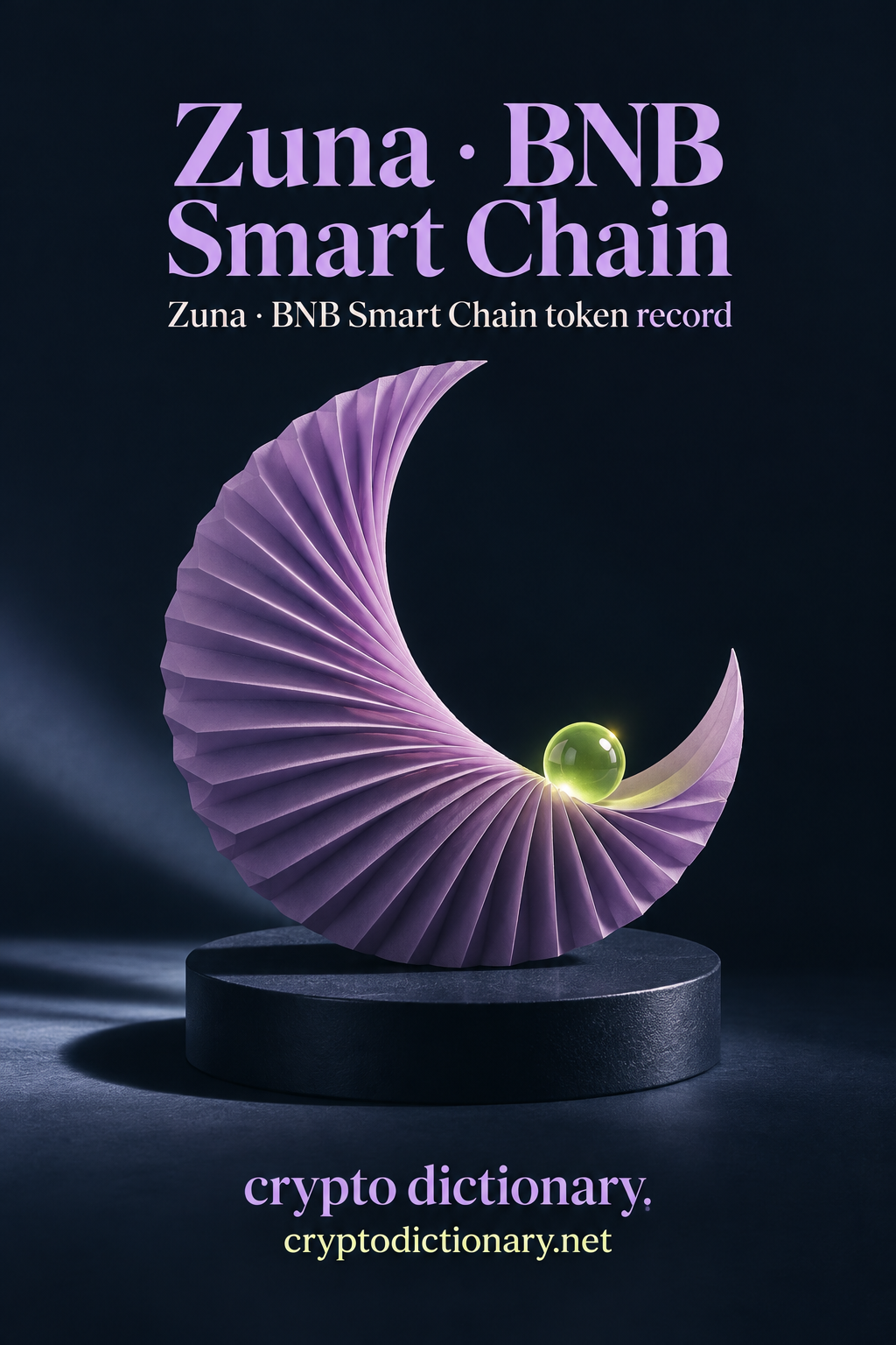 Zuna · BNB Smart Chain — original navy, lilac and lime sculptural token-registry illustration.