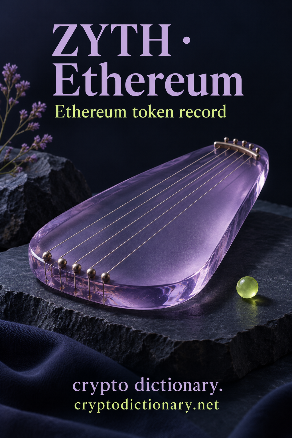 ZYTH · Ethereum — original navy, lilac and lime sculptural token-registry illustration.